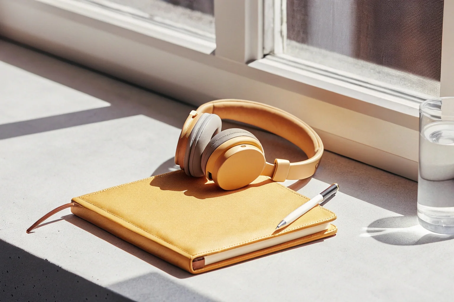 Caderno e fones de ouvido sobre mesa junto à janela