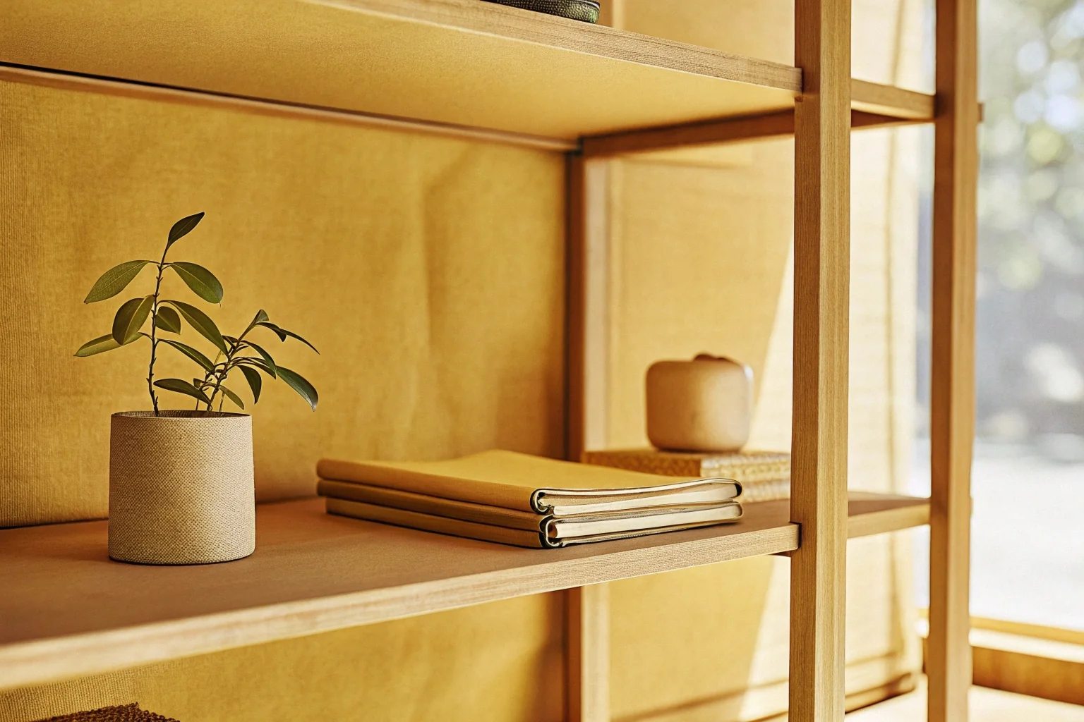 Detalhe de sala de atendimento com caderno e planta