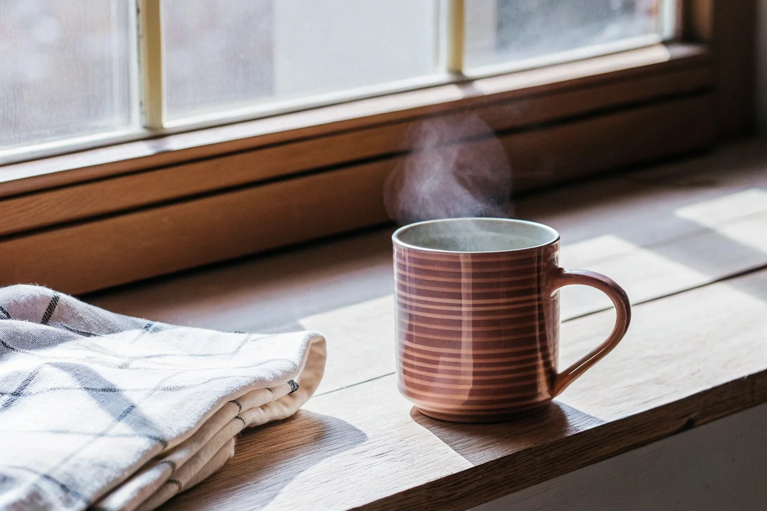 Xícara sobre mesa em ambiente calmo e iluminado