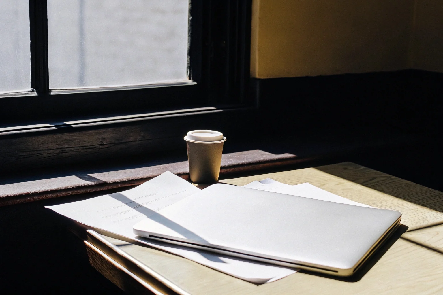 Mesa de trabalho organizada com xícara de café