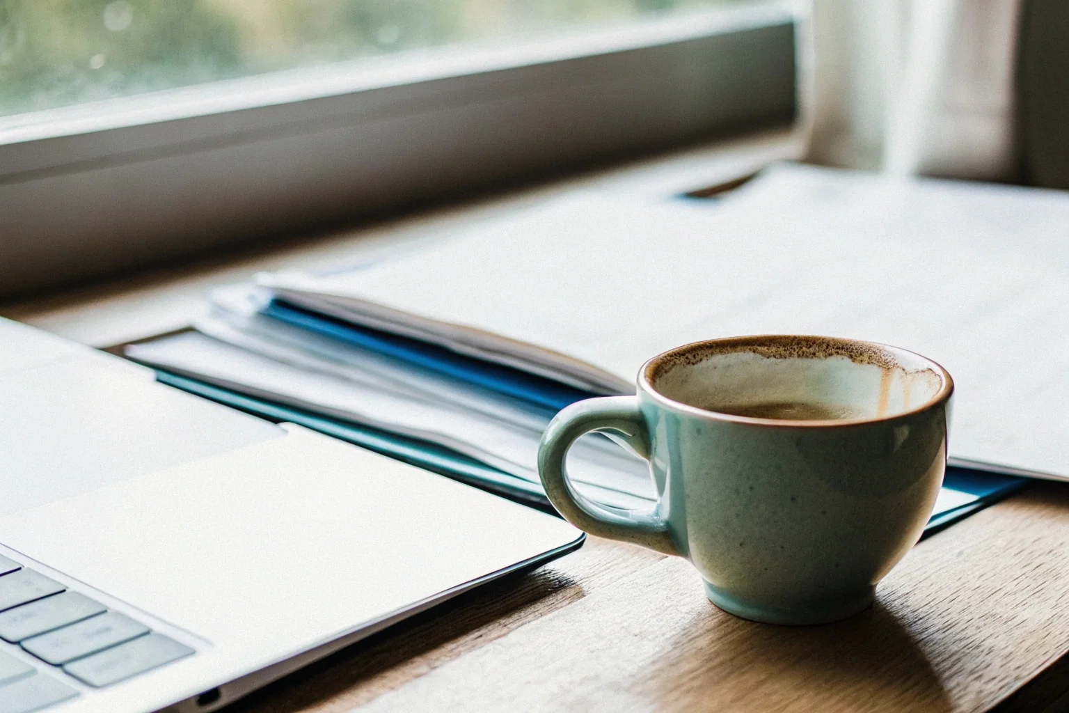 Xícara de café esquecida ao lado do computador