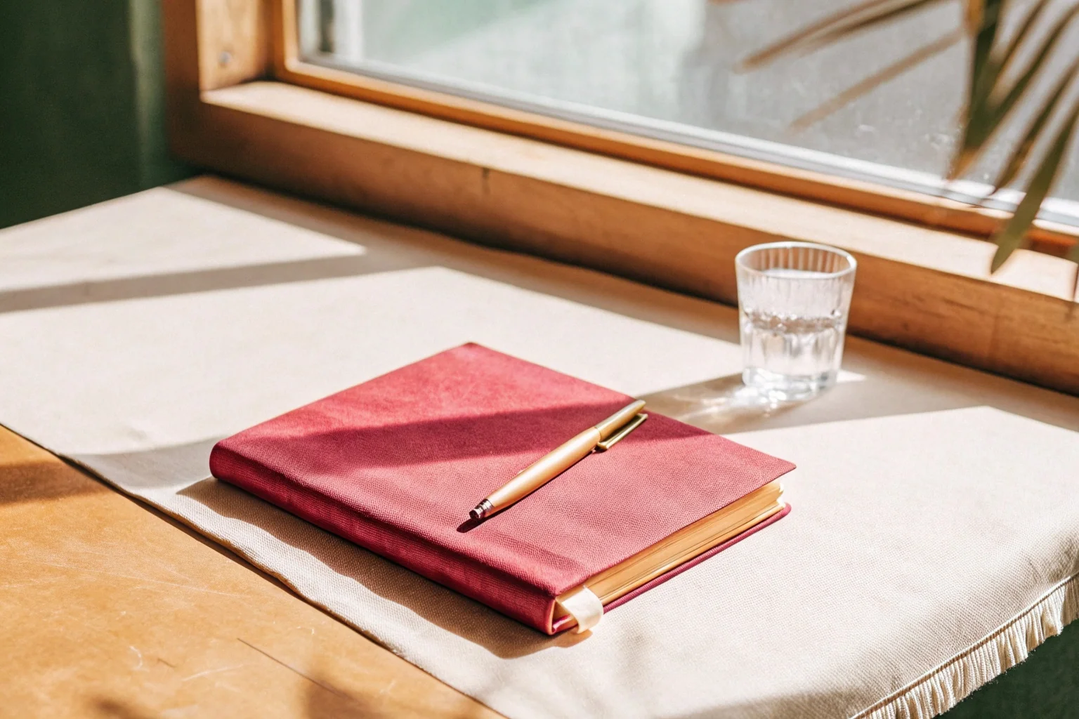 Caderno aberto e caneta sobre mesa clara
