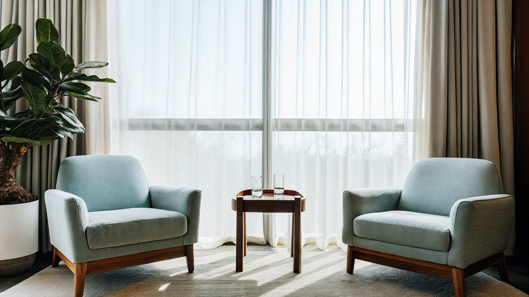 Ambiente tranquilo com luz natural, espaco de atendimento psicologico
