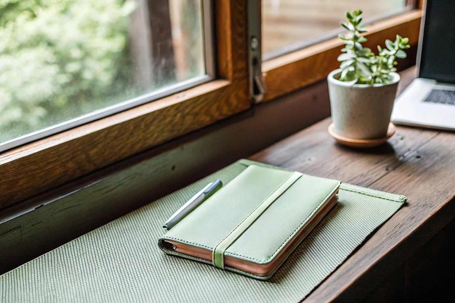 Detalhe de escrivaninha organizada com caderno e planta