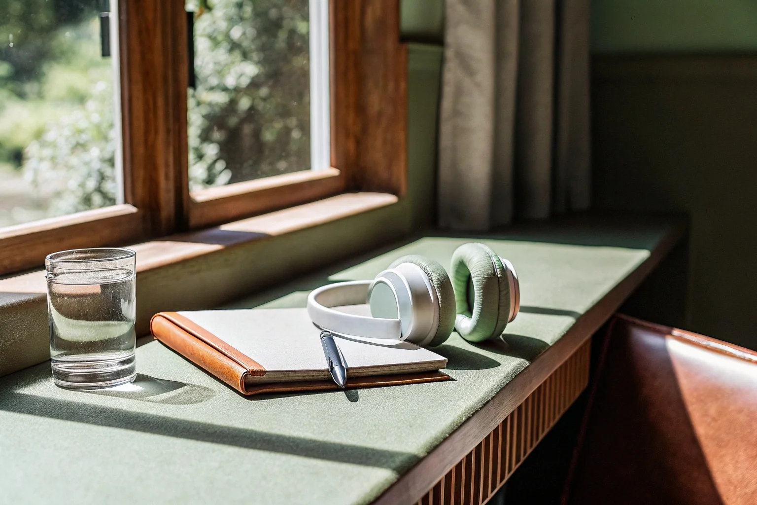 Caderno e fones de ouvido sobre mesa junto à janela